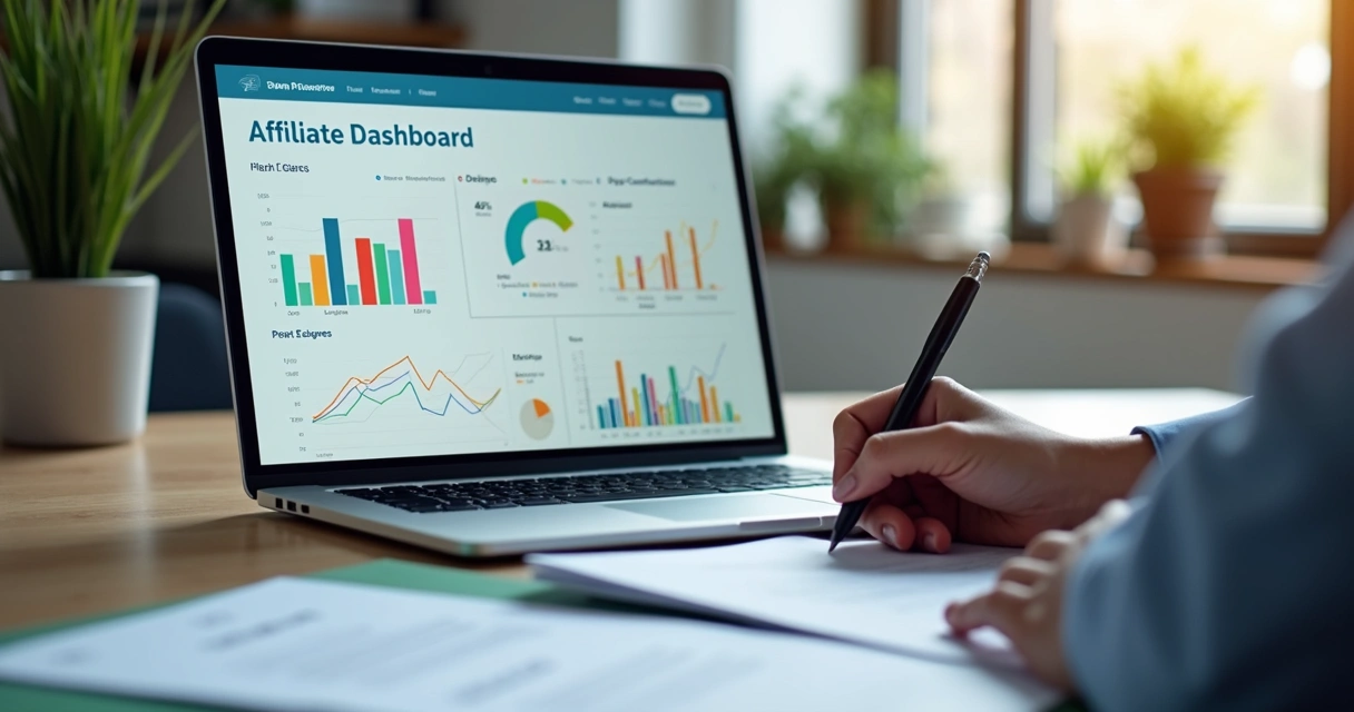 Pessoa analisando dados de painel de afiliado em notebook, com gráficos e relatórios financeiros coloridos na tela 