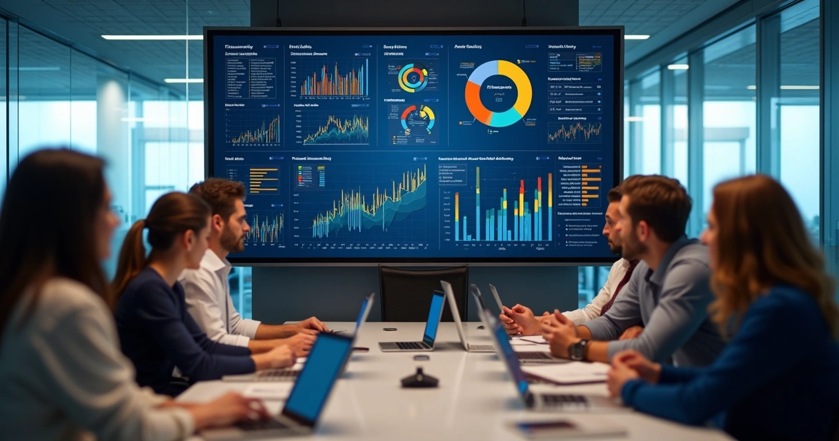 Equipe acompanhando dashboard colorido na sala de reunião 