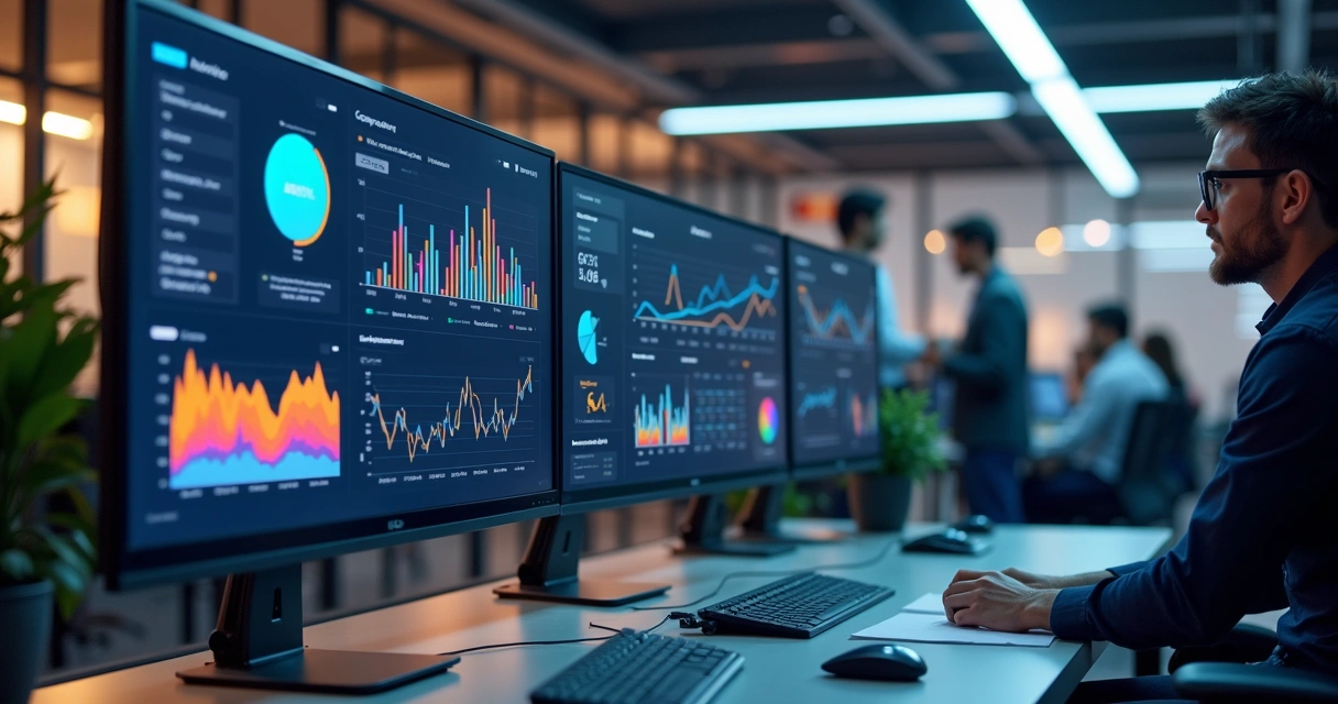 Tela de computador exibindo dashboards de dados corporativos com gráficos, tabelas e indicadores em ambiente de escritório moderno 