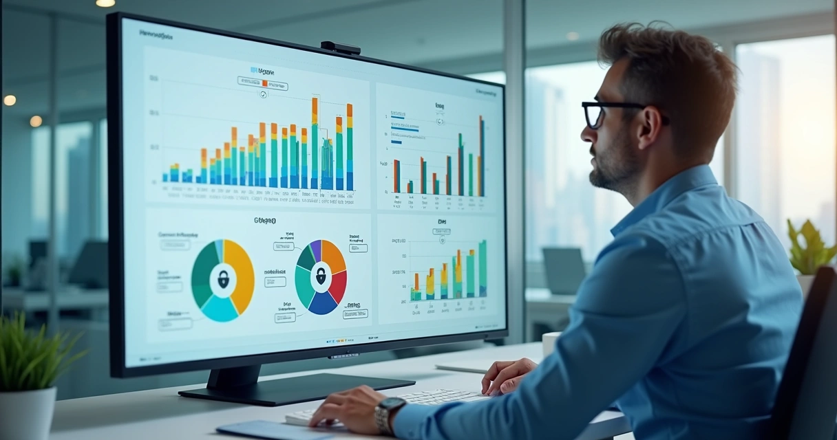 Profissional analisando gráficos em um computador, destacando anonimização de dados 