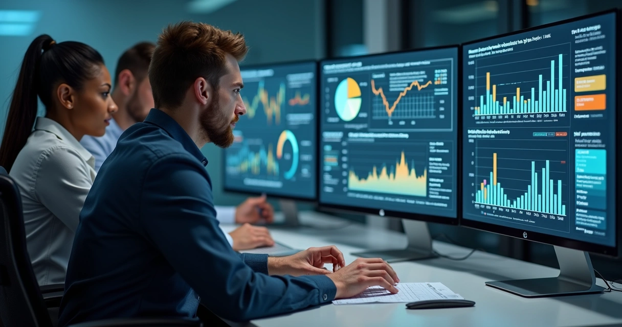 Equipe analisando dados em tela de computador, gráficos de risco e relatórios visíveis 