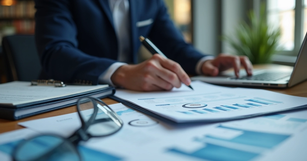 Especialista jurídico revisando documentos de due diligence no computador 
