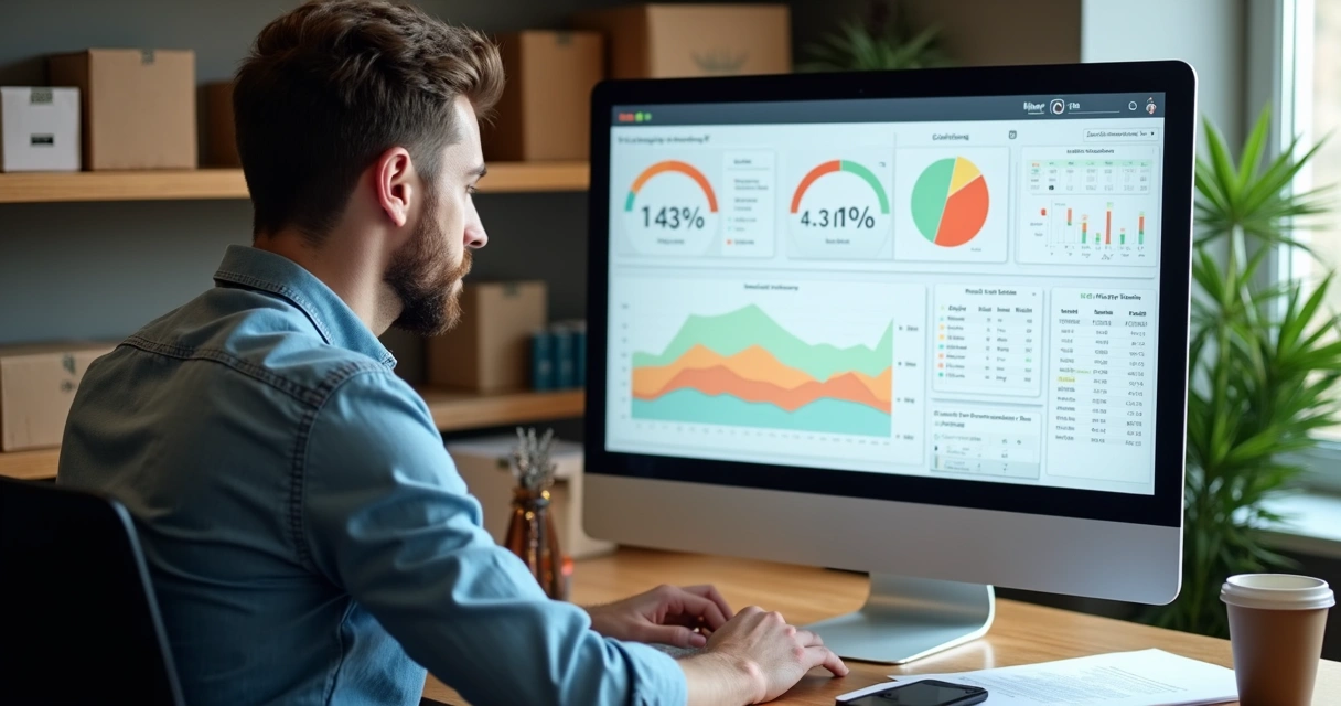 Empreendedor analisando dados em computador com gráficos e calendários