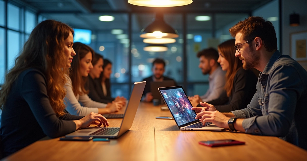 Equipe analisando gráficos e dados de ecommerce na tela de dois notebooks e um tablet 