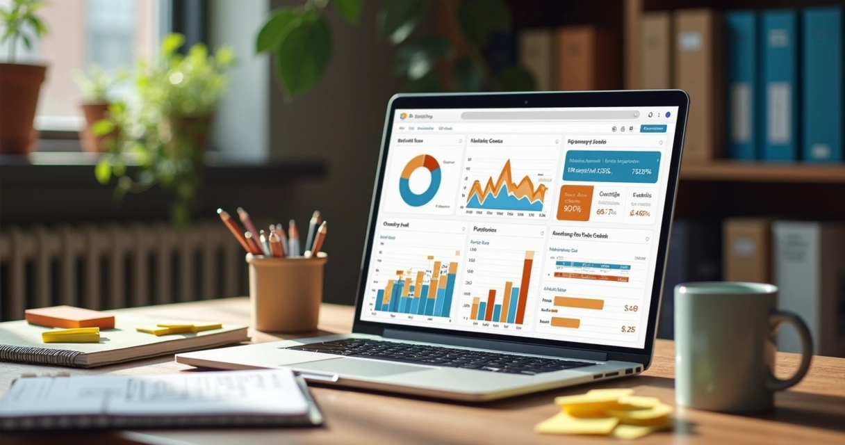 Gráfico colorido e notebook aberto com dashboard de análises de e-commerce em tela 