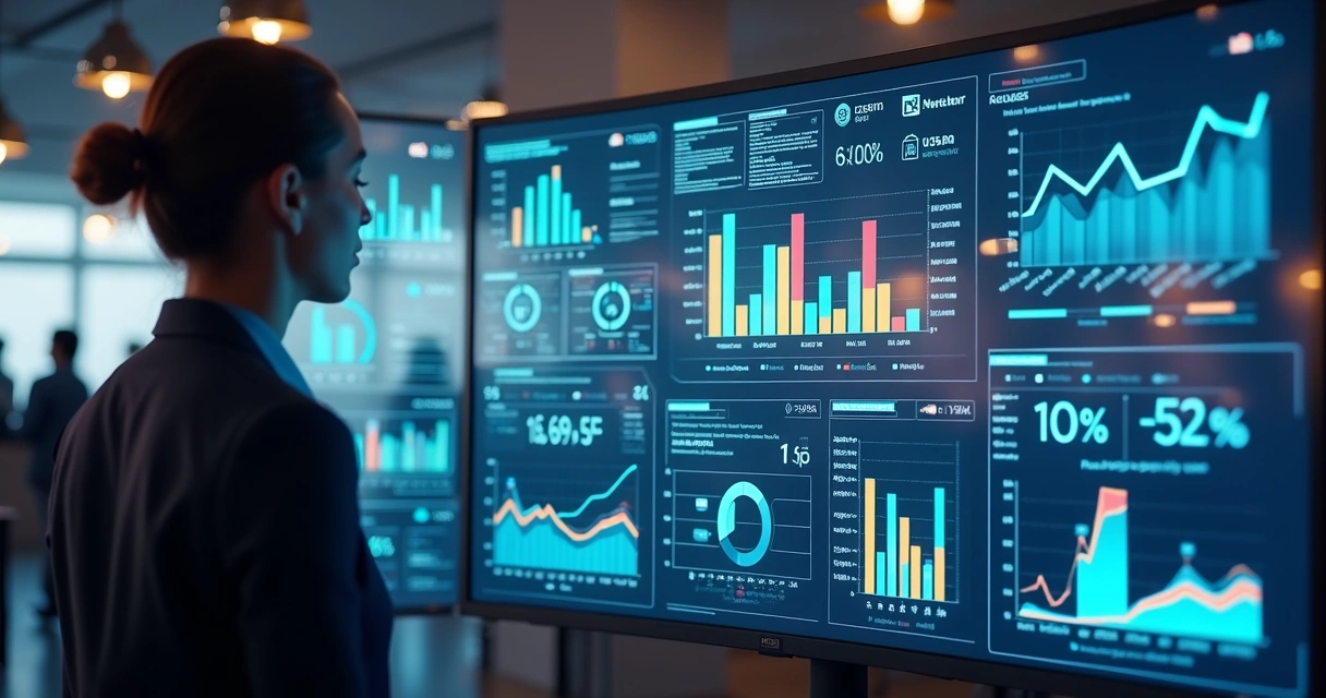 Pessoa analisando gráficos de dados de ecommerce em tela com ícones de inteligência artificial. 