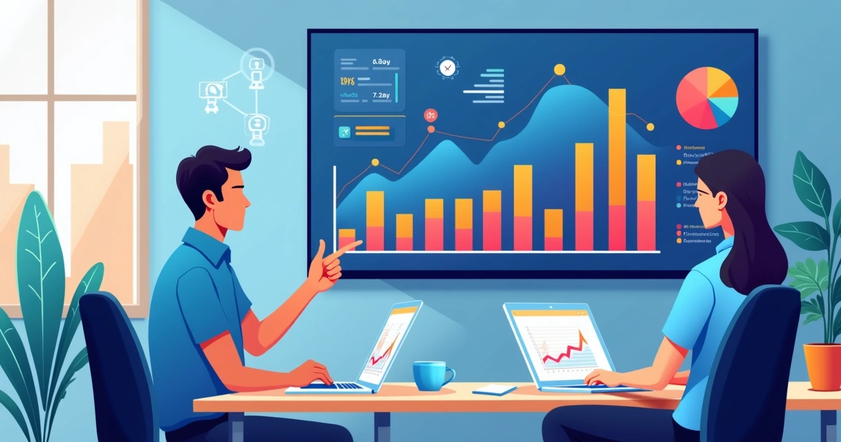 Equipe analisando gráficos de dados de e-commerce em grande tela