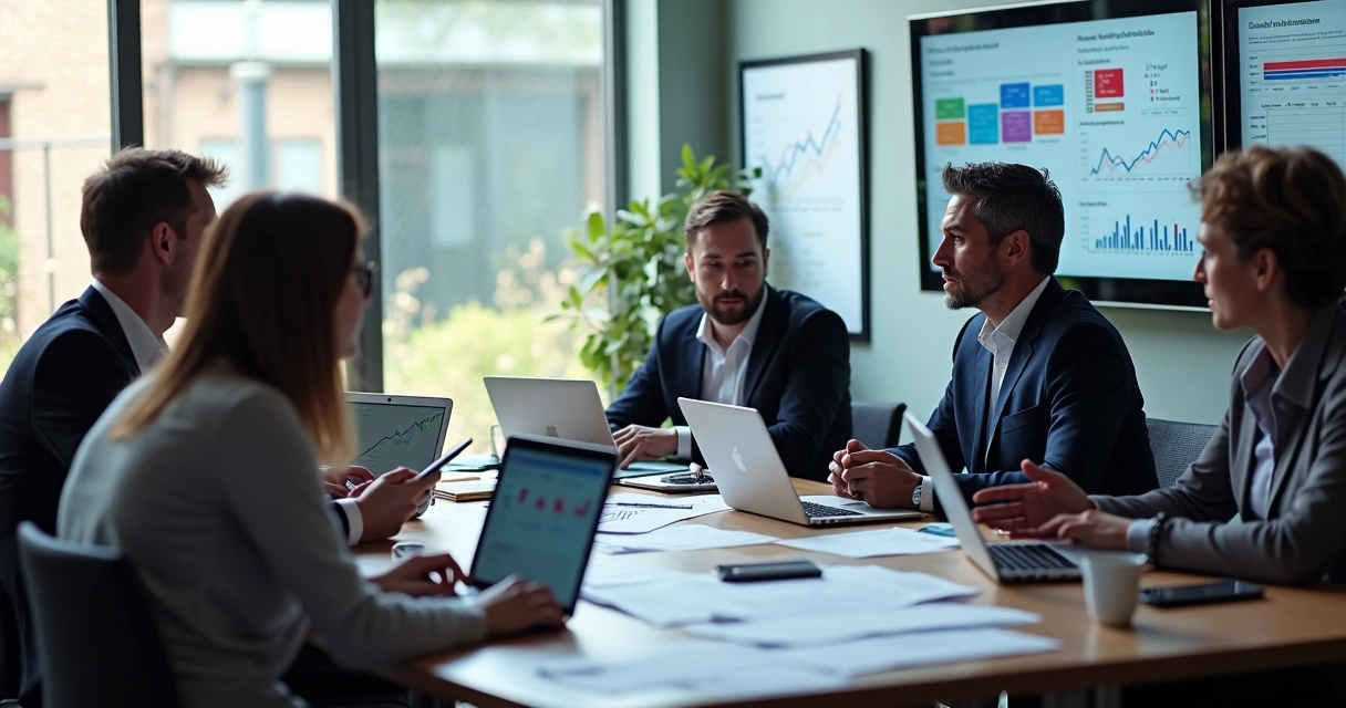 Equipe analisa gráficos de dados eleitorais e tendências em telas digitais 