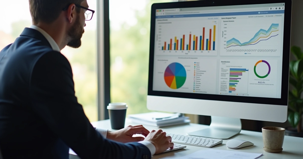 Empresário analisando dados de campanhas de e-mail no computador 