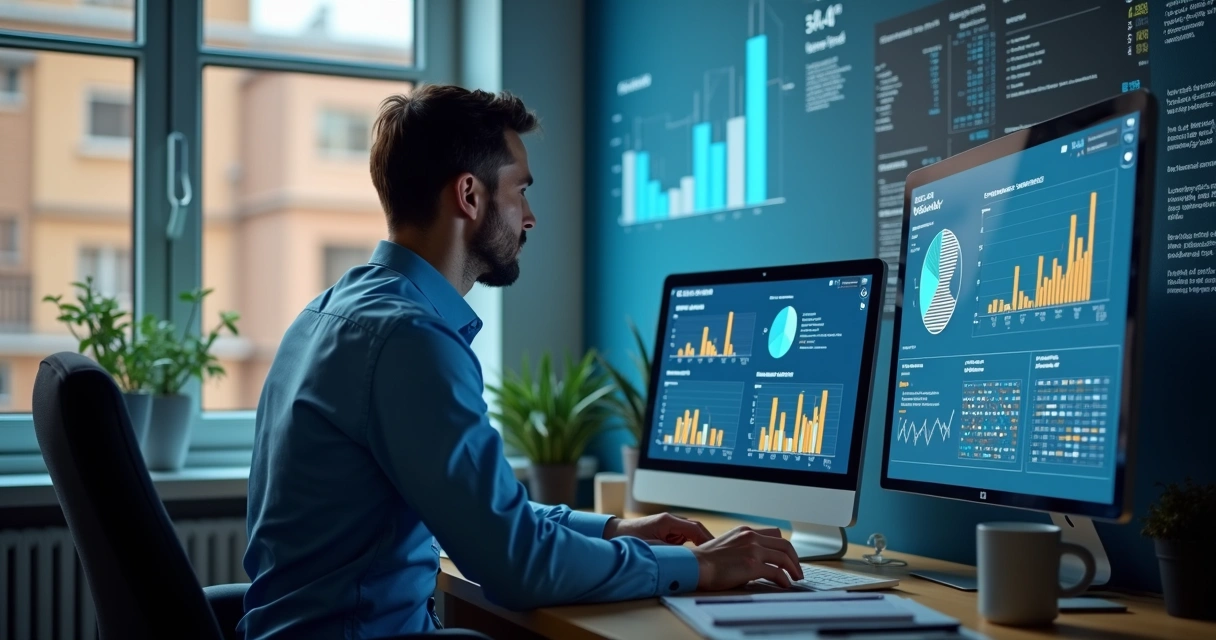 Pessoa analisando dados de empresa em gráficos no computador 