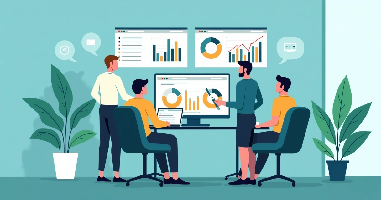 Equipe analisando gráficos e dados em telas 