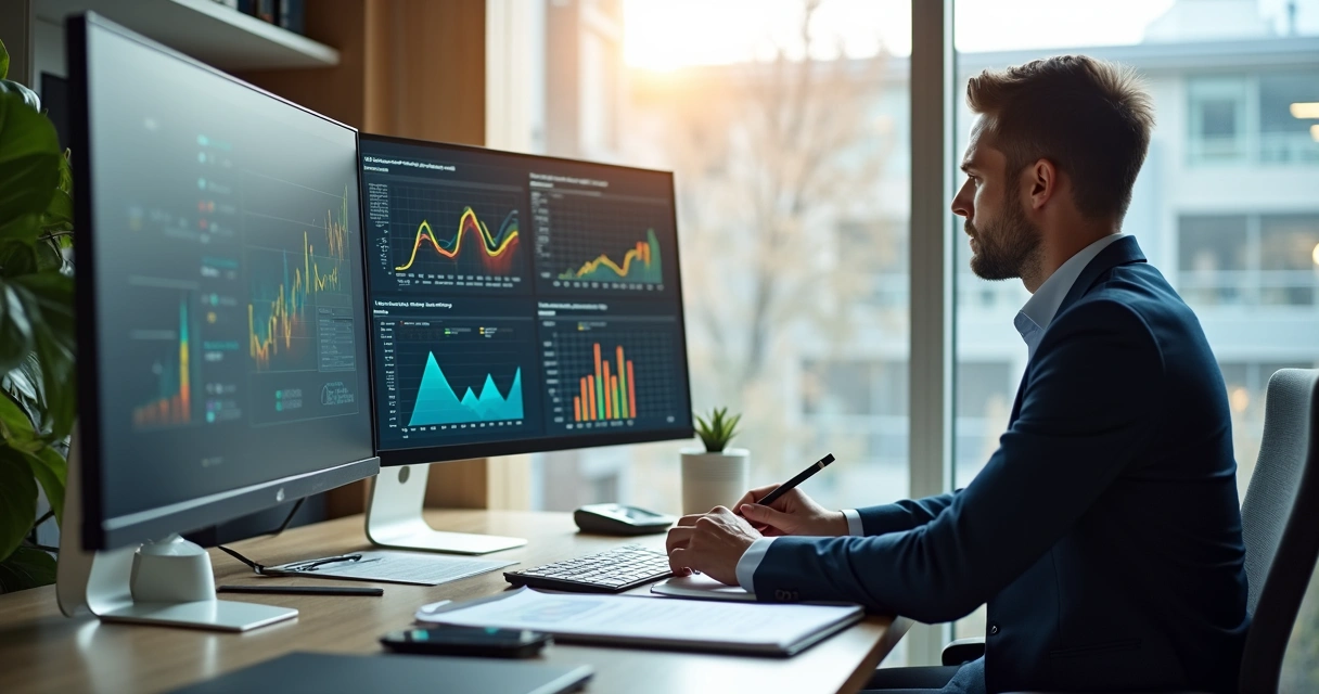 Executivo analisa dados em diferentes telas de computador 