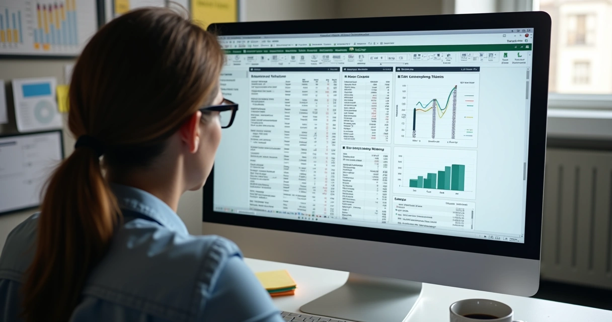 Profissional analisando tabela de dados de empresas no computador 