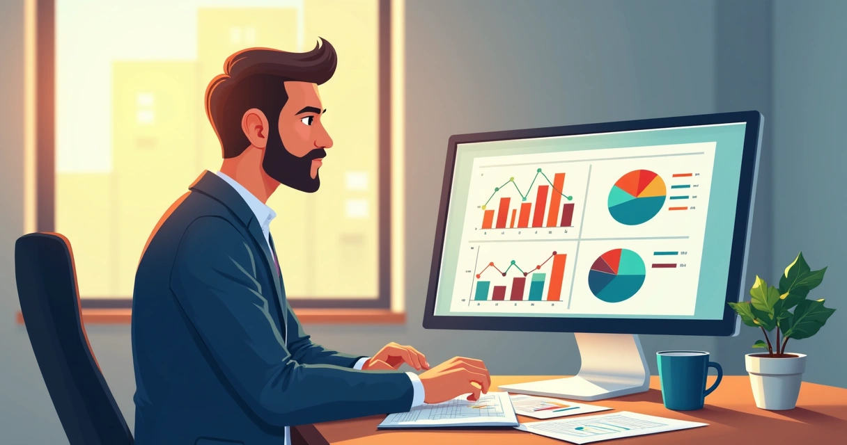 Gestor analisando gráficos financeiros no computador. 