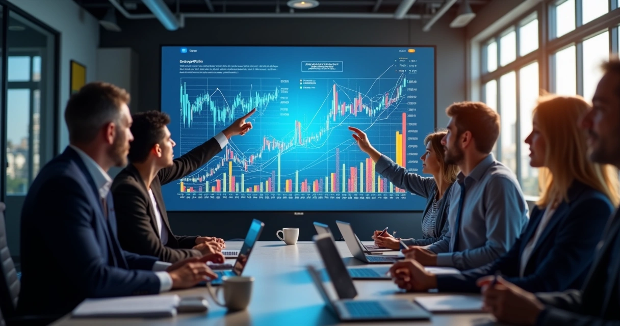 Equipe em reunião analisando gráficos de dados 