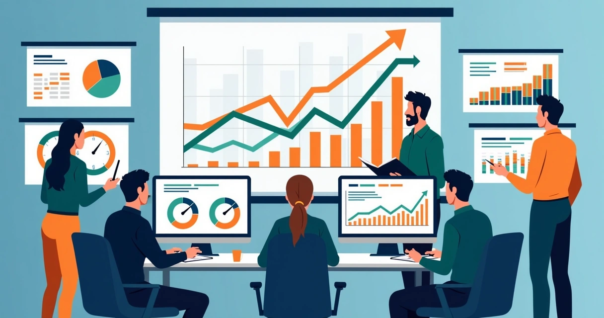 Equipe analisando gráficos de dados de negócios 