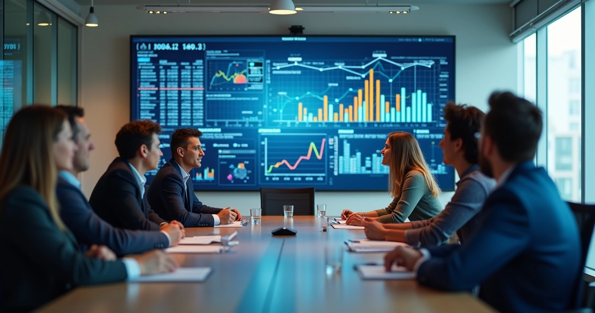 Equipe reunida em sala de reunião analisando gráficos digitais projetados em tela 