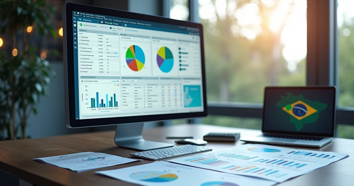 Mesa de escritório com planilhas de dados empresariais e laptop 