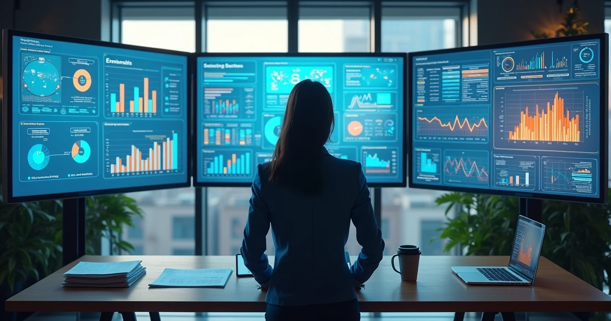 Profissional analisando gráficos digitais em um escritório moderno 