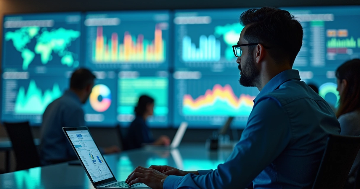 Analista de BI observando dashboards e gráficos de dados na tela em escritório moderno 