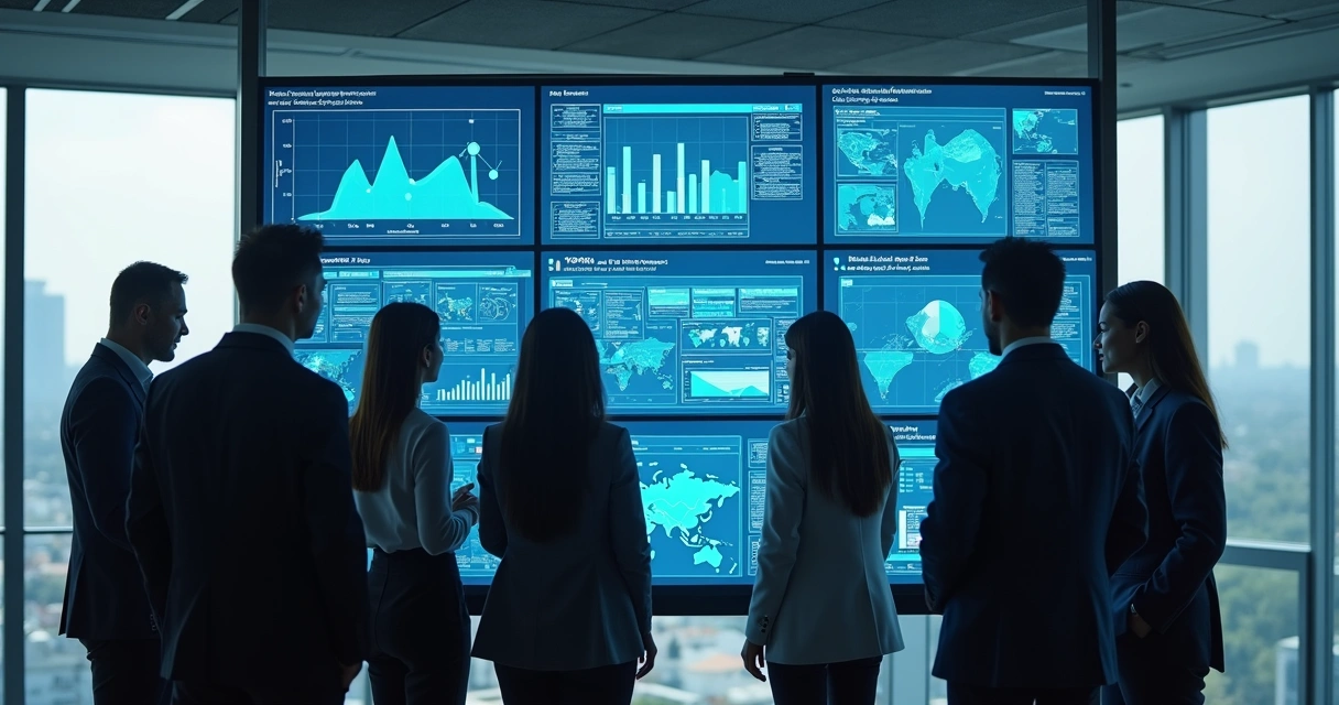 Equipe de analistas de dados olhando telas de dashboards empresariais 