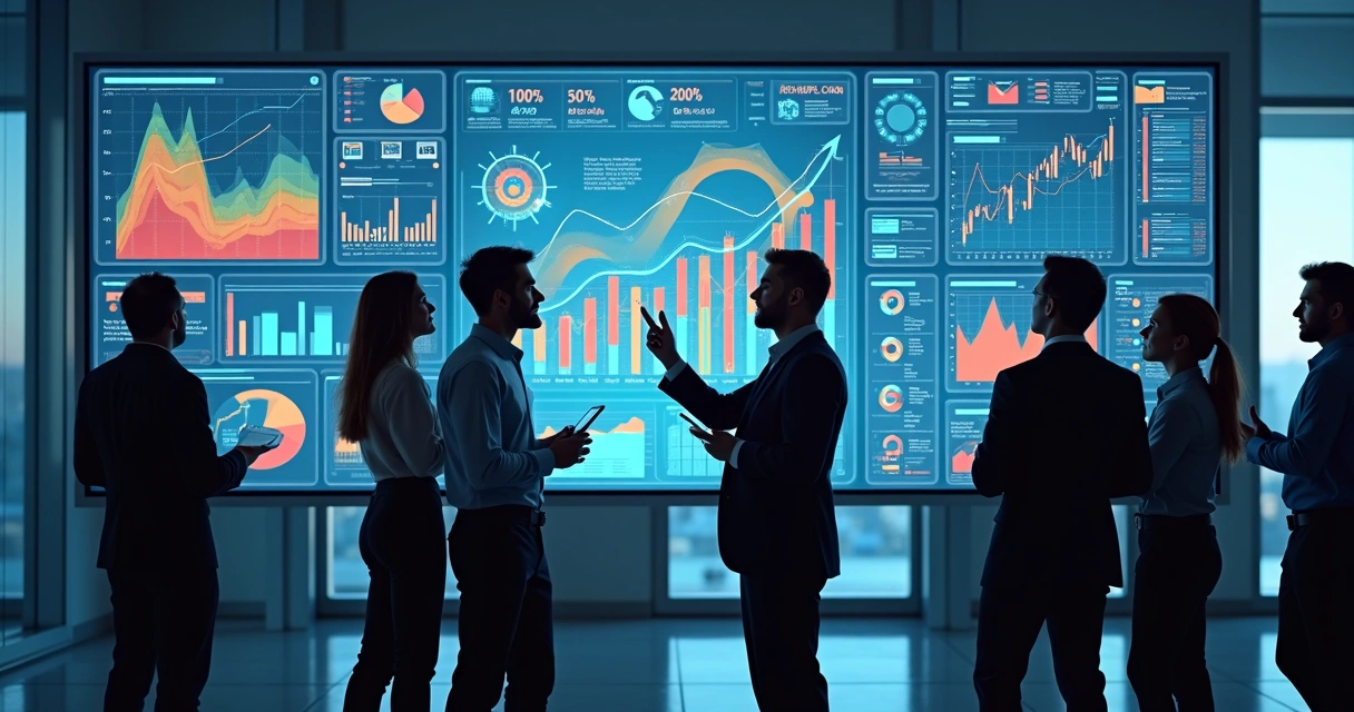 Funcionários analisando gráficos e dados empresariais em telas grandes. 