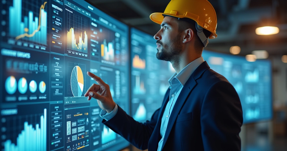 Engenheiro analisando gráficos complexos de obra em tela digital 