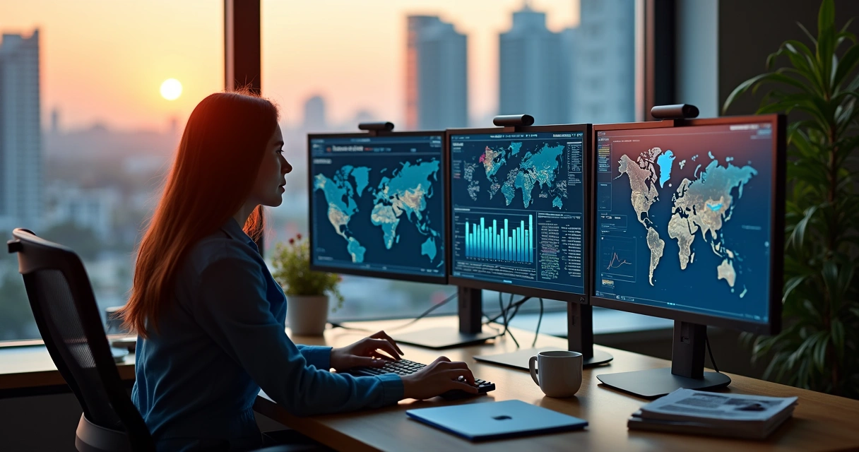 Profissional analisando dados variados em várias telas de computador 