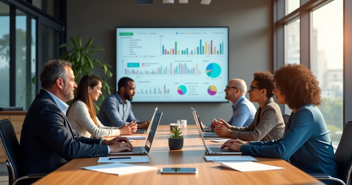 Equipe em reunião analisando gráficos coloridos na tela 
