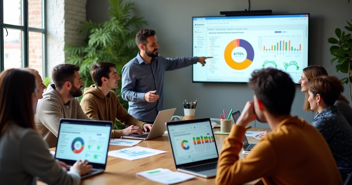 Equipe reunida analisando gráficos e dados em uma mesa de trabalho 