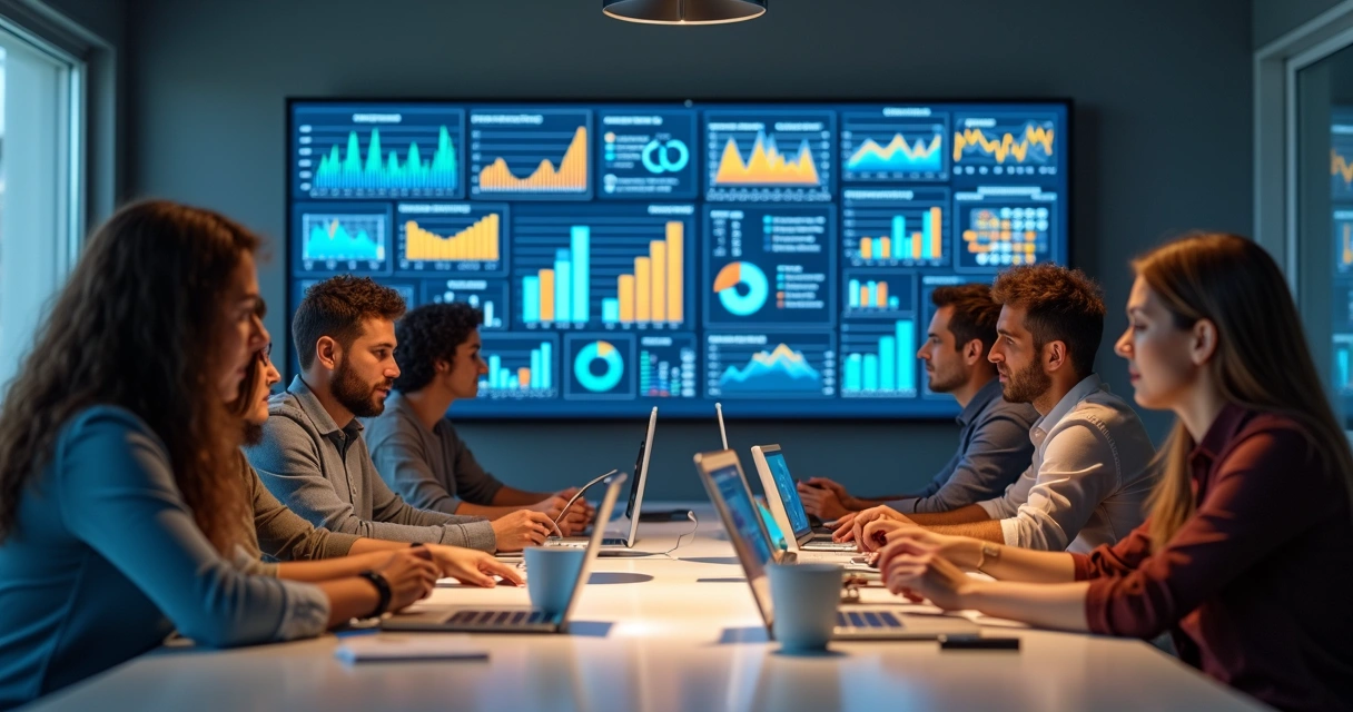 Equipe multicultural em volta de uma mesa olhando gráficos e telas digitais com dados de marketing 
