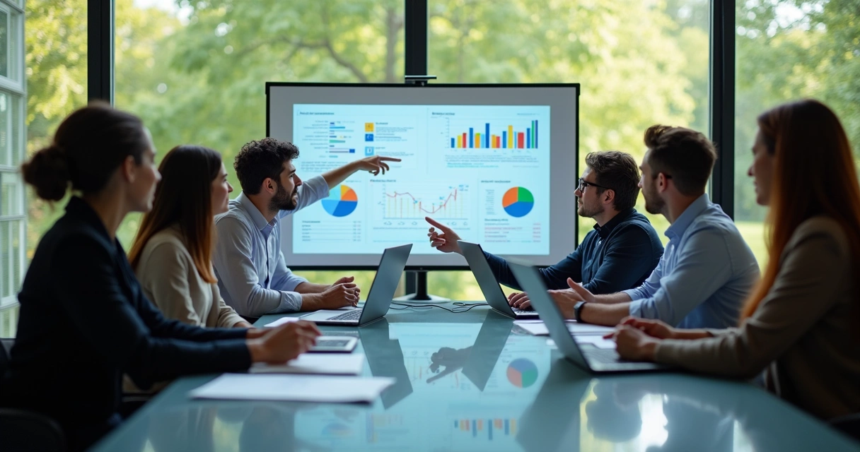 Equipe analisando dados em reunião 