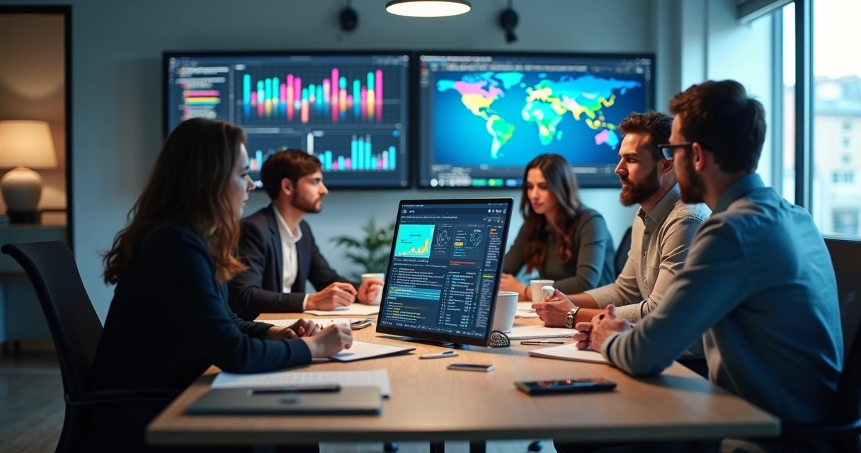 Equipe analisando gráficos de dados em monitores 