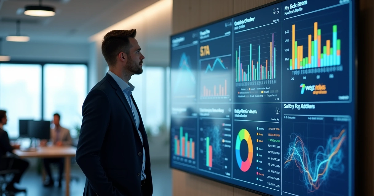 Gestor de imobiliária analisando dados de vendas em painel digital 