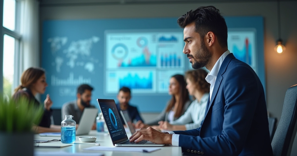 Profissional analisando dados de vendas B2B em laptop, com equipe ao fundo