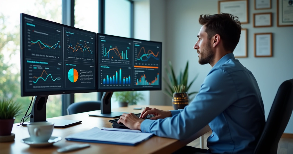 Analista revisando gráficos de desempenho em ambiente de escritório 