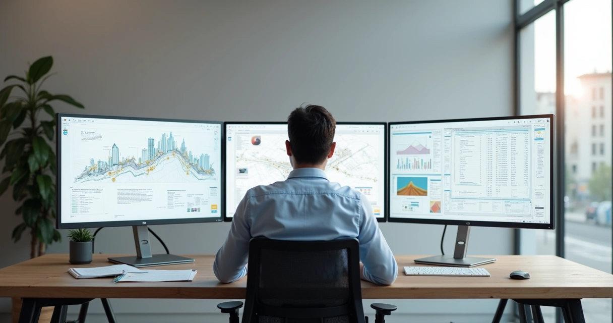 Profissional analisando dados contábeis em diversos monitores organizados 