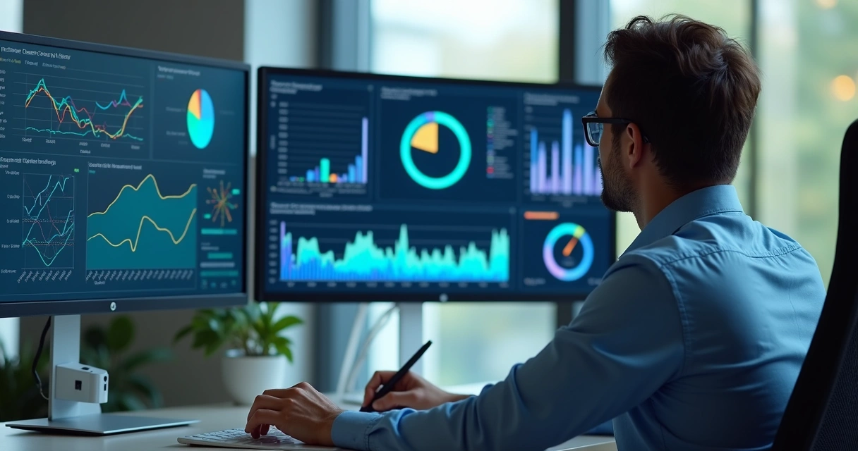 Analista observa dashboard colorido com gráficos e insights 