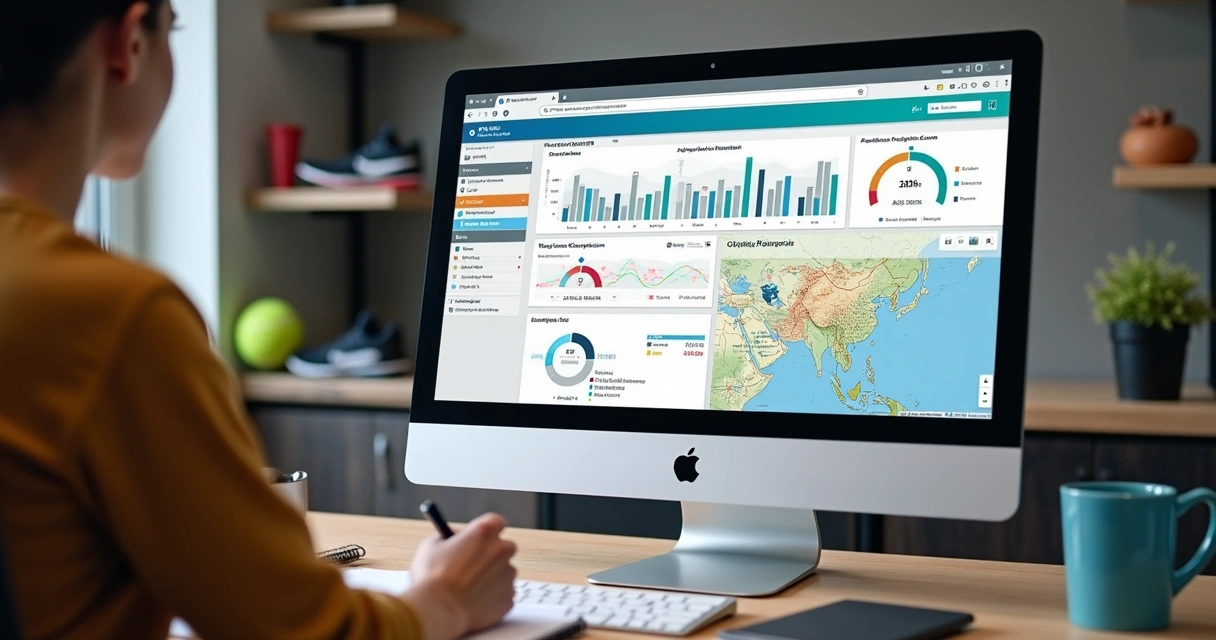 Dashboard de análise de dados esportivos em monitor de computador 