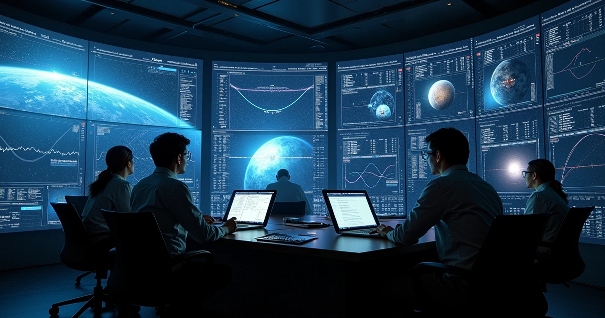 Cientistas analisando dados de exoplanetas em grandes telas