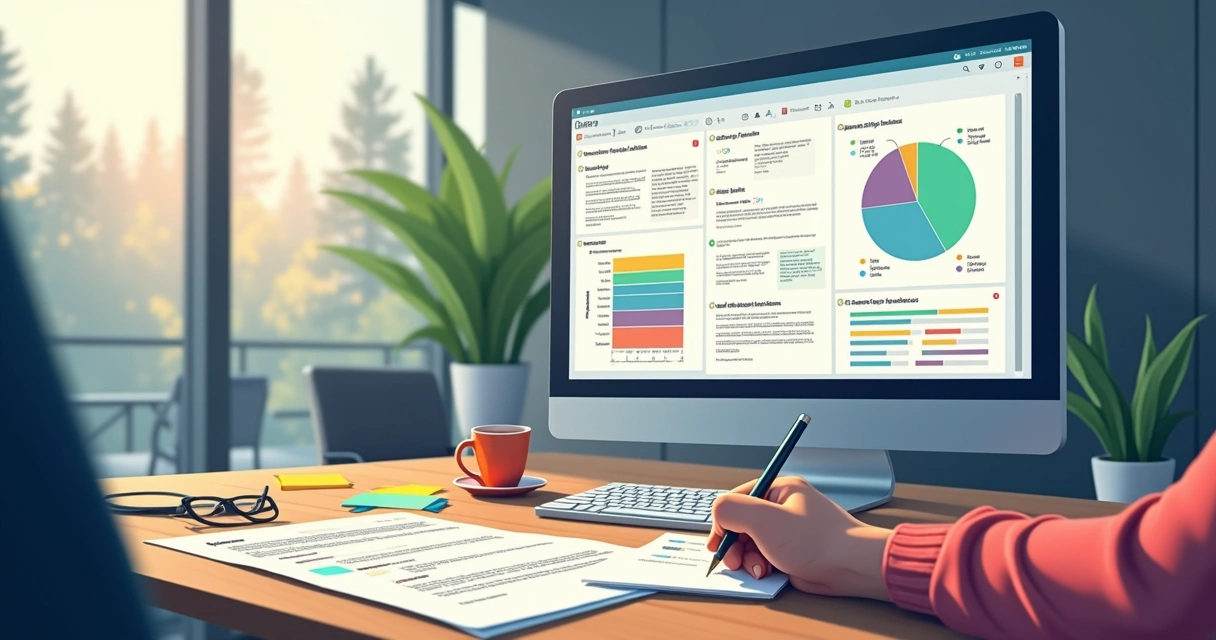Profissional analisando gráficos e comentários em tela de computador 
