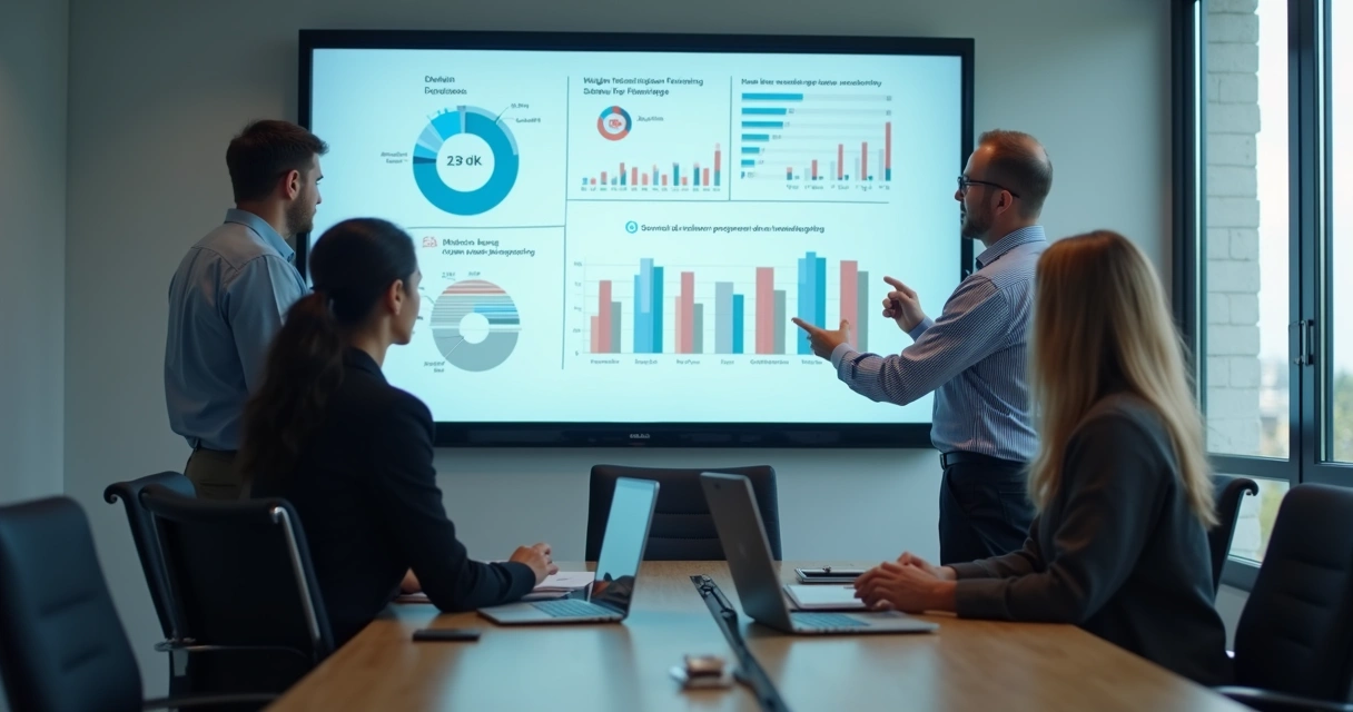 Equipe analisa gráficos e comentários de feedback de clientes em tela grande 