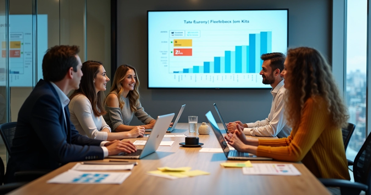 Equipe analisando painéis de feedback digital em sala moderna 
