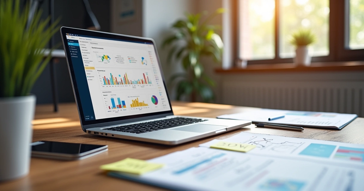 Mesa de escritório com notebook, caderno, gráficos coloridos e aplicação de dashboard em tela 