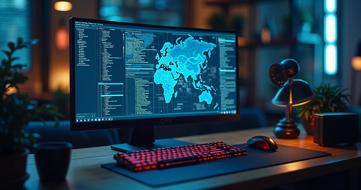 Tela de computador mostrando comparação entre ferramentas prontas e IA personalizada com gráficos e códigos em segundo plano 