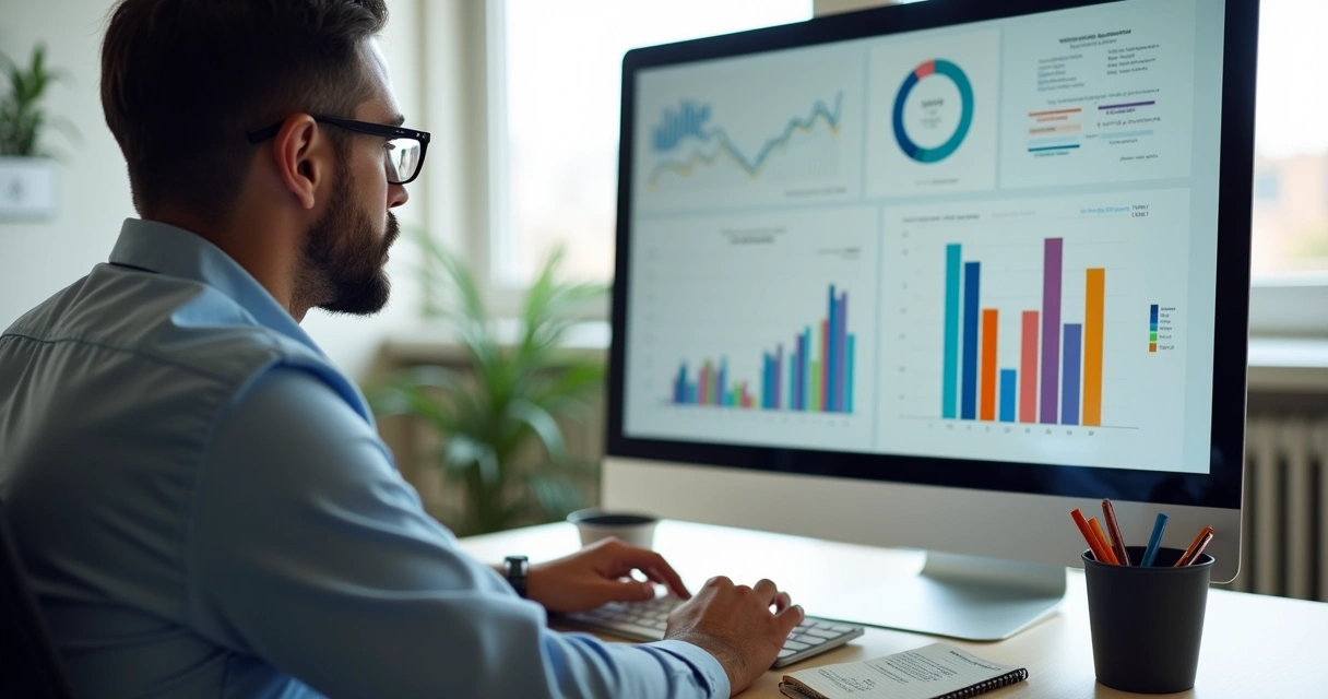 Pessoa analisando dados financeiros com gráficos na tela