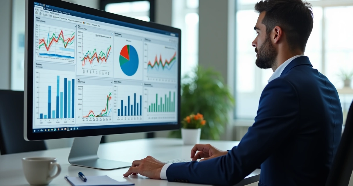 Pessoa analisando gráficos financeiros em tela de computador 