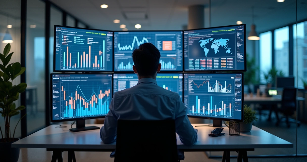 Profissional analisando gráficos de dados financeiros com IA