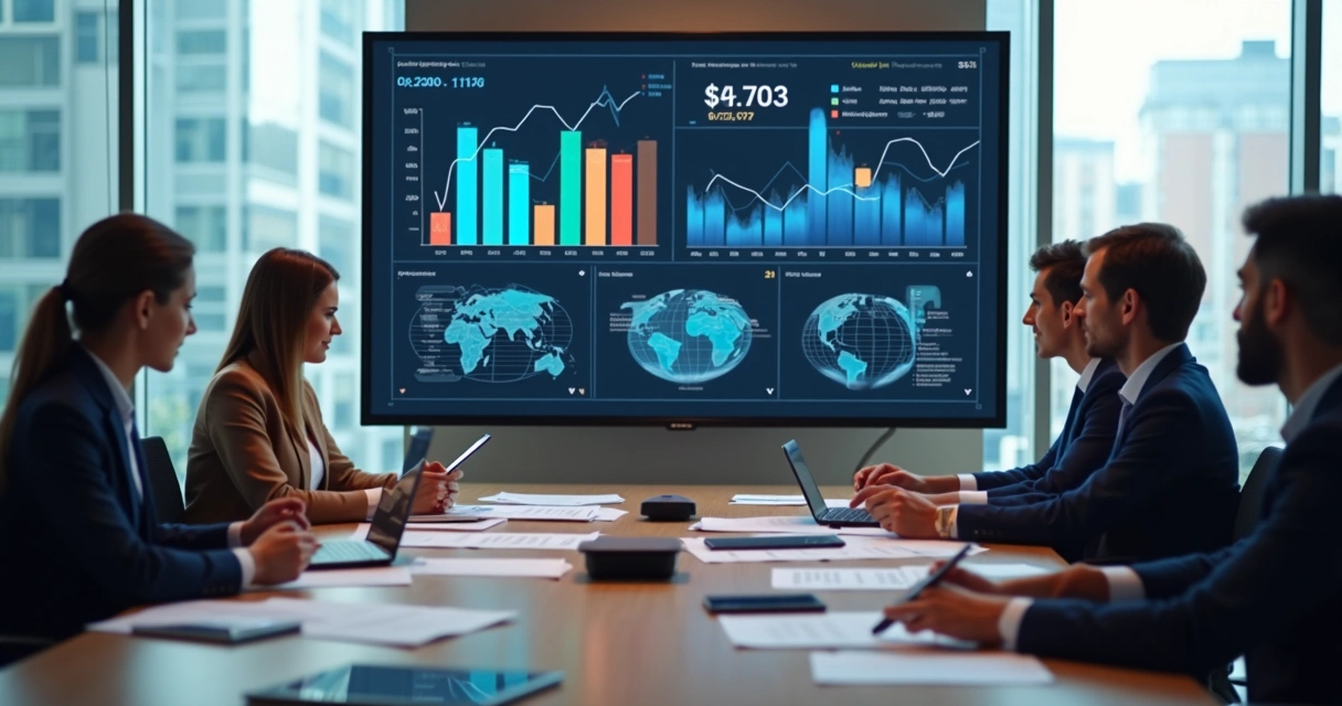 Profissionais analisando painéis de dados financeiros digitais 