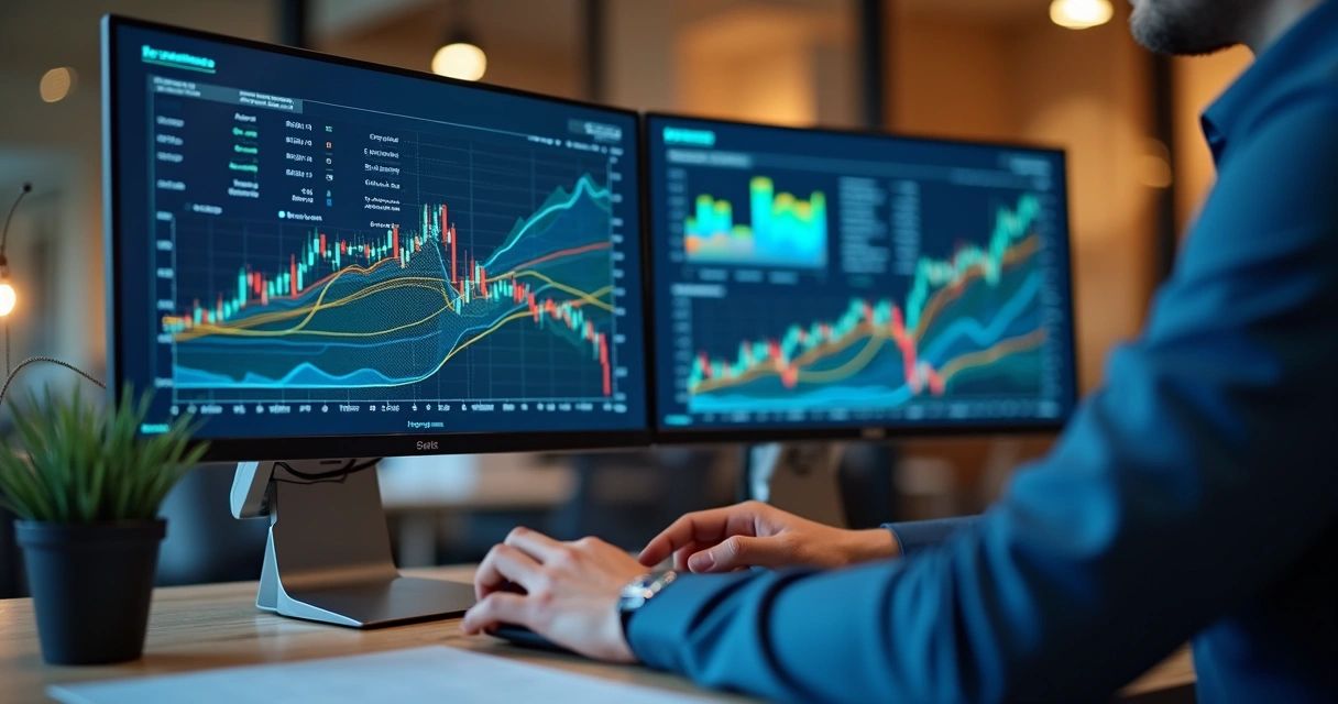 Profissional analisando gráficos financeiros em um computador 